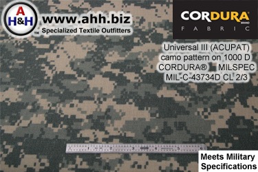 ACUPAT Universal 3 Camo Pattern on 1000 Denier CORDURA® Nylon Fabric, Mil-Spec MIL-C-43734D Class 2 and 3