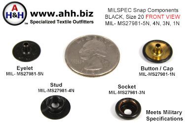 1/2 inch Snap Components (Size 20 mini) Blackened Brass, Mil-Spec MIL-MS27981-1N, 3N, 4N, 5N