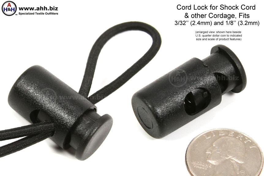 Cord Lock for Shock Cord, black plastic